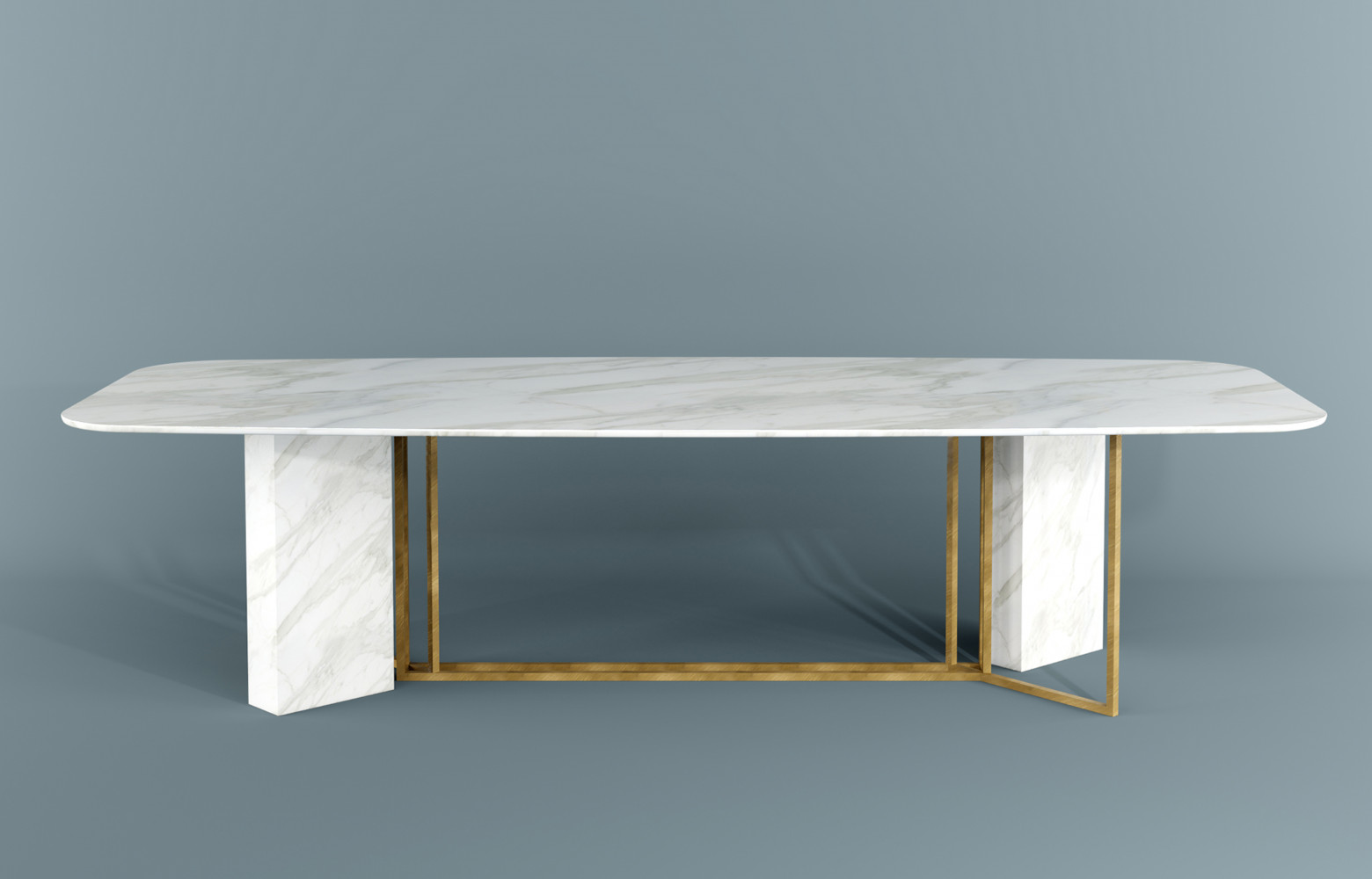Table Plinto en marbre Calacatta et en laiton (300 x 120 x 74 cm), design Andrea Parisio,...