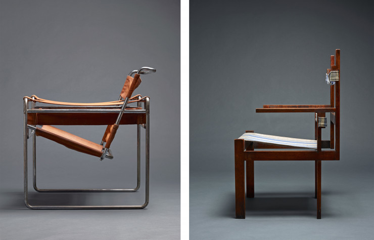 Deux fauteuils réalisés en 1927 et 1929 par Marcel Breuer : le premier utilise une structure de tubes en acier et l’autre en érable.