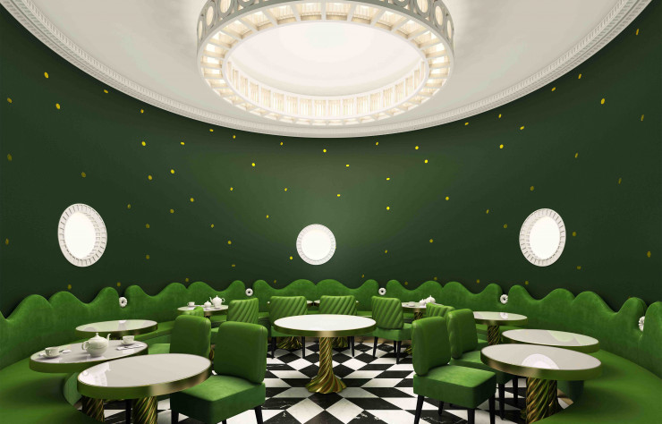 Dans l’espace en longueur, le salon étoilé, rond et moelleux comme un baba, est relevé d’un zeste d’or sur le carrousel de banquettes vert gazon inspirées du canapé « Nouvelle Vague ».