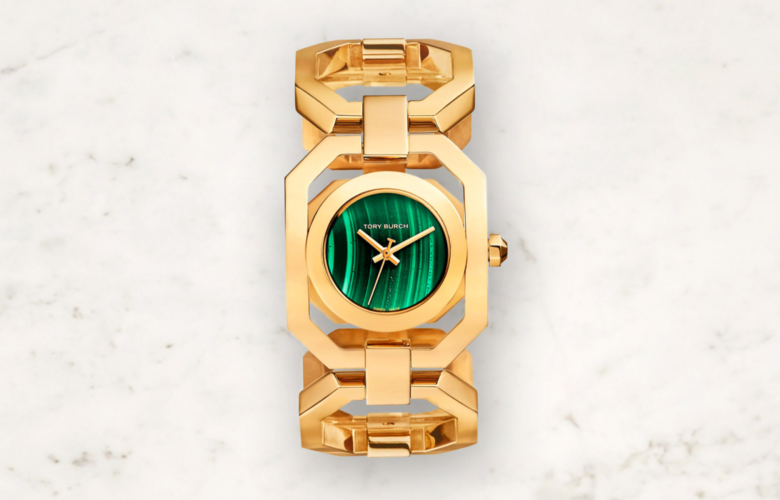 Montre « Gigi » en version dorée et malachite, édition limitée, (Tory Burch).