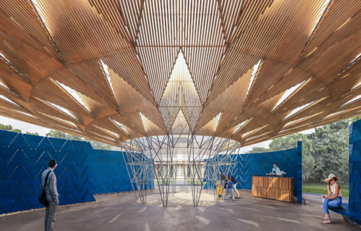 Prévisualisation du pavillon de la Serpentine dessiné par Francis Kéré et de son système d’évacuation des eaux pluviales.