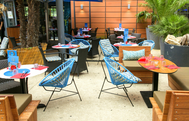 Les fauteuils Boqa en version bleutée dans le café Suelta Verde à Lyon.