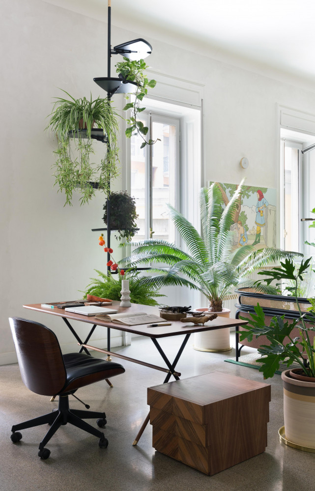 Le coin bureau est cerné de plantes vertes, dont certaines sont mises en valeur par l’étagère «...
