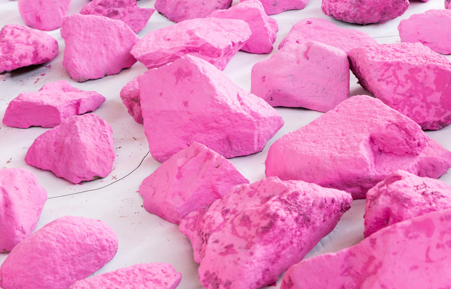 La trouvaille des stagiaires : peindre des pierres en rose fluo afin de matérialiser une ligne traversant...