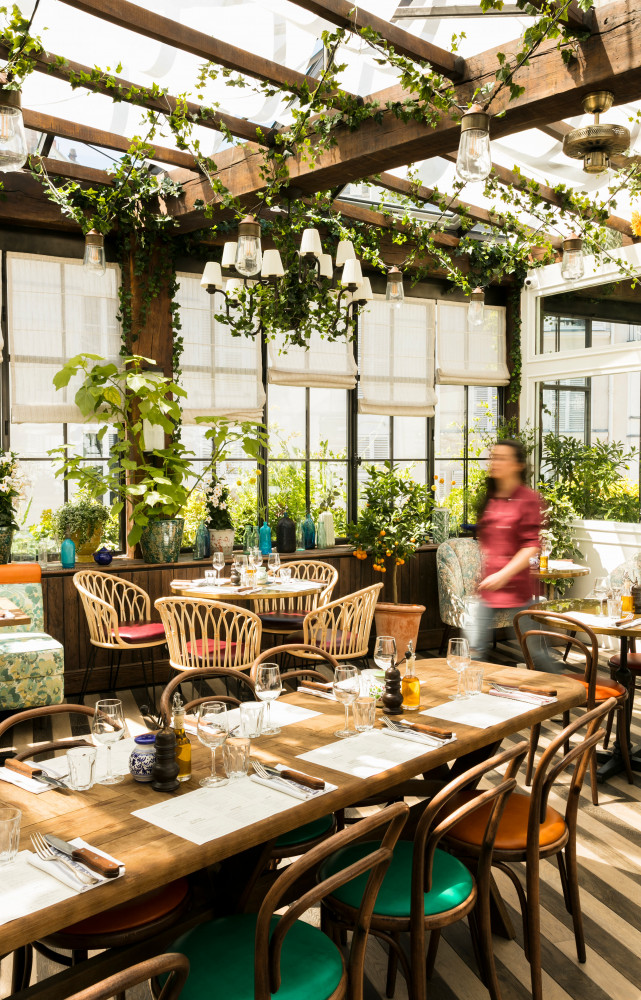 Au dernier étage, la végétation déborde sous la verrière pour faire oublier la grisaille parisienne.