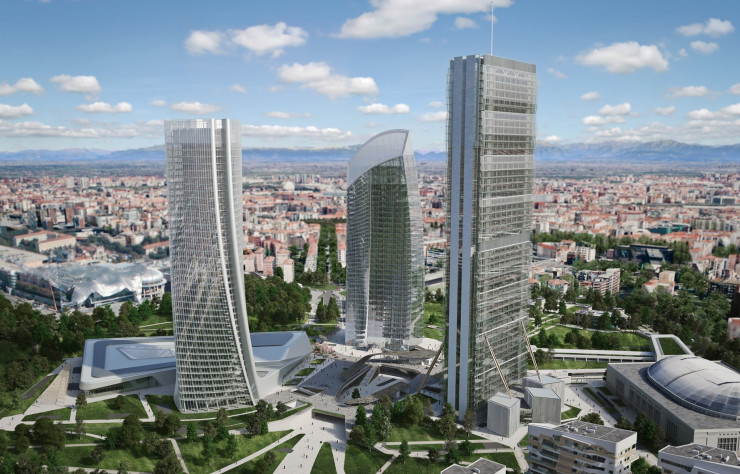 De gauche à droite : la Generali Tower de Zaha Hadid, la future Libeskind Tower et l’Allianz Tower d’Arata Isozaki.
