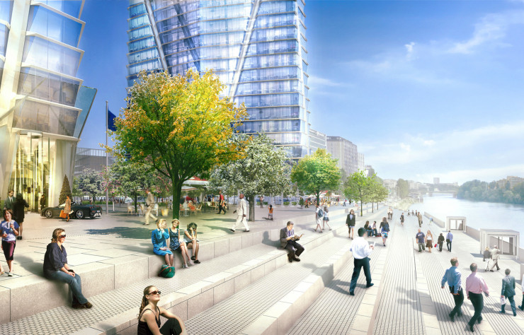 Autour de la future place, des cafés et restaurants inviteront les nouveaux habitants et employés de bureaux à profiter du paysage de la Seine.