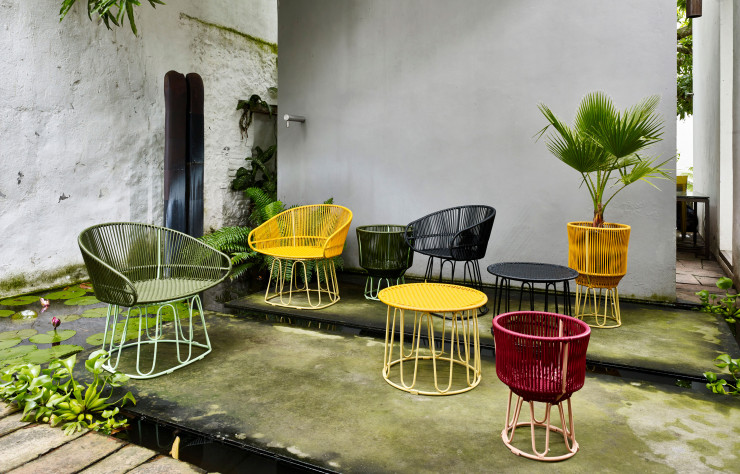 Fauteuils lounge et table basse outdoor Circo, design Sebastian Herkner (Ames Sala).