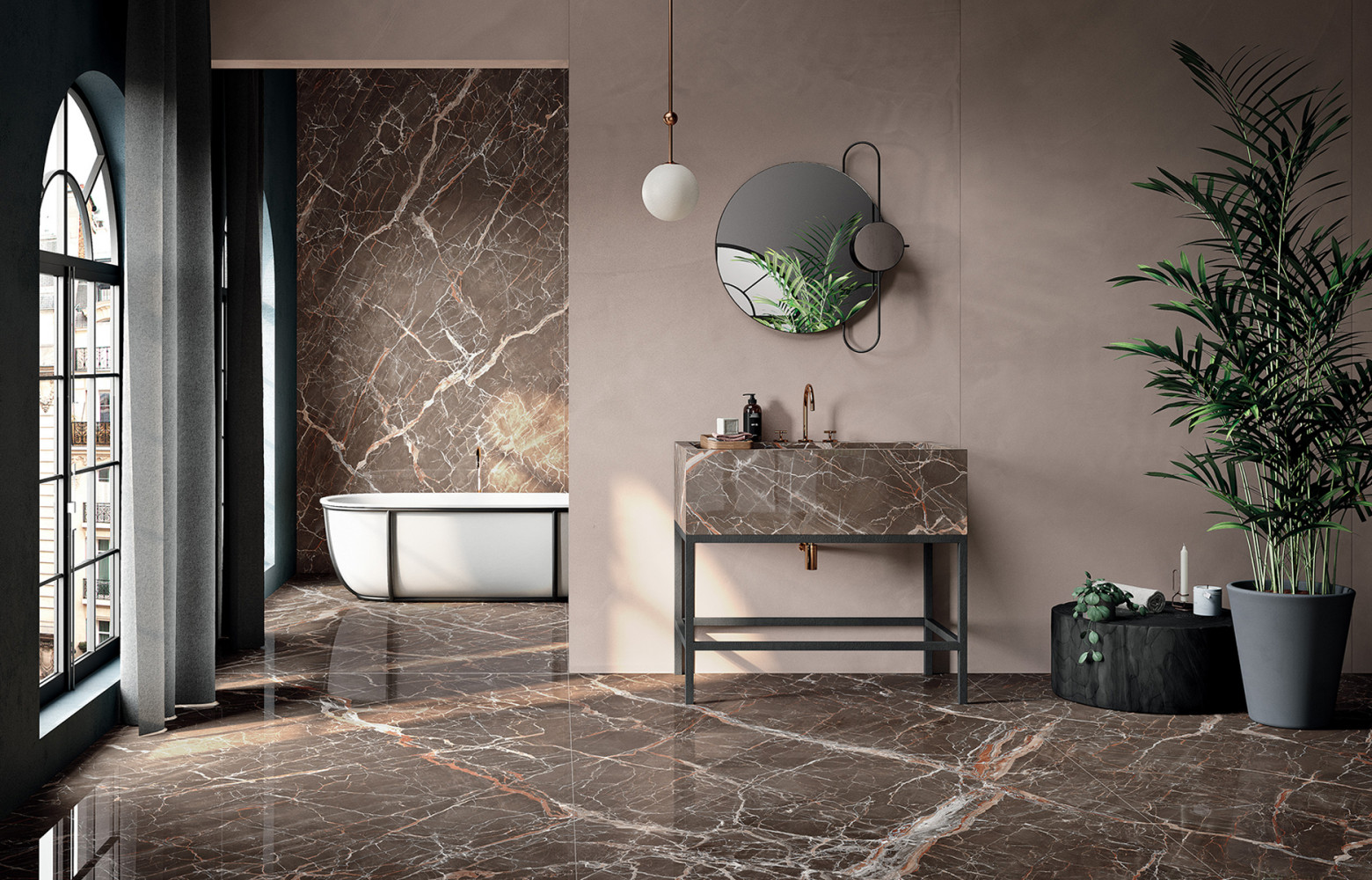 11/ Le marbre, toujours et encore… (Fondovalle) Collection « Infinito 2.0 ». Grès cérame coloris « Ombra di Caravaggio », sombre...