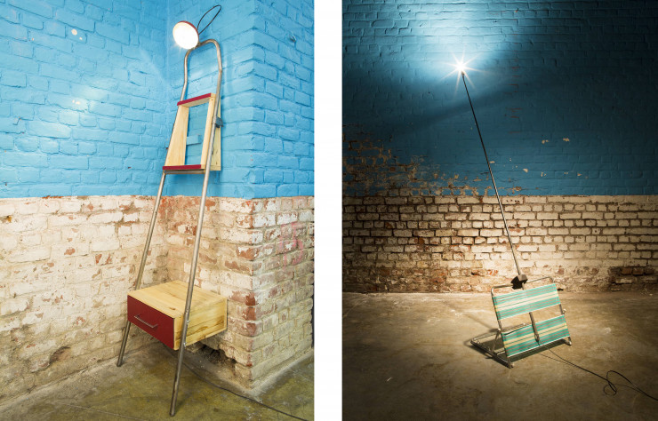 A gauche, la lampe-console-étagère Quantriome de Marion Masset & Quentin Dammaretz. A droite, luminaire de Julien Kieffer (2017).