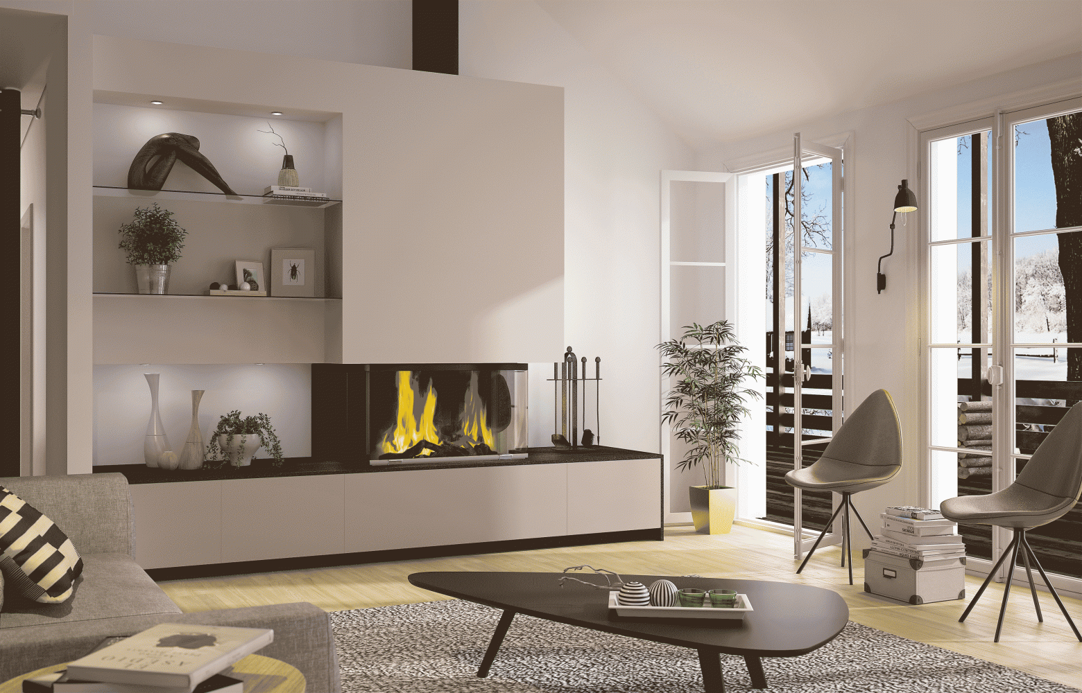 Plus qu’une simple cheminée à trois faces, Lantain offre un décor complet : meubles et panneaux sous le...