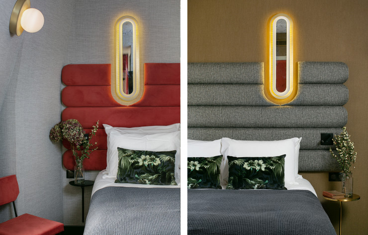 Les rondeurs de cette tête de lit et son luminaire, réalisés par l’agence Desjeux Delaye pour l’hôtel La Planque dans le Xe arrondissement de Paris, nous font voyager dans le temps…
