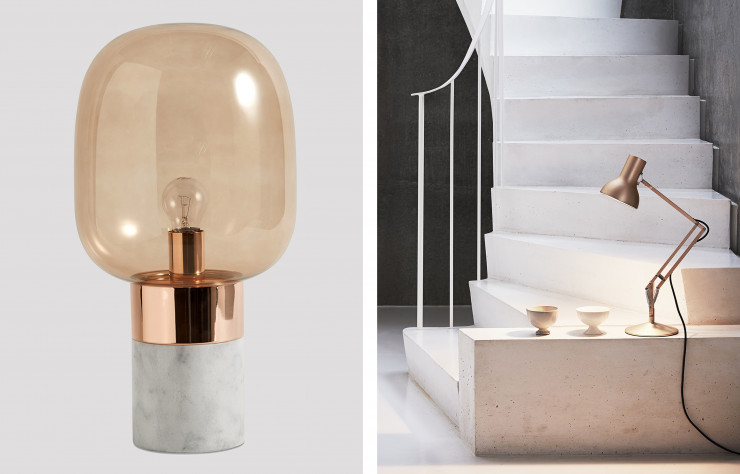 A gauche, lampe « Stockholm » en marbre et verre rosé (BoConcept). A droite, lampe de bureau « Type 75 Mini Metallic » en métal coloris or et aluminium, design Kenneth Grange (Anglepoise).