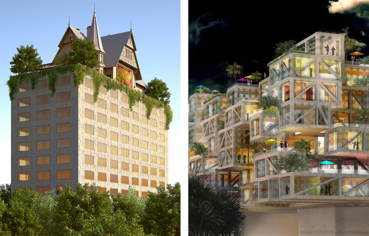 A gauche : projet d’hôtel Maison Heler de Philippe Starck à Metz. A droite : Le Monaco Hotel signé OMA.