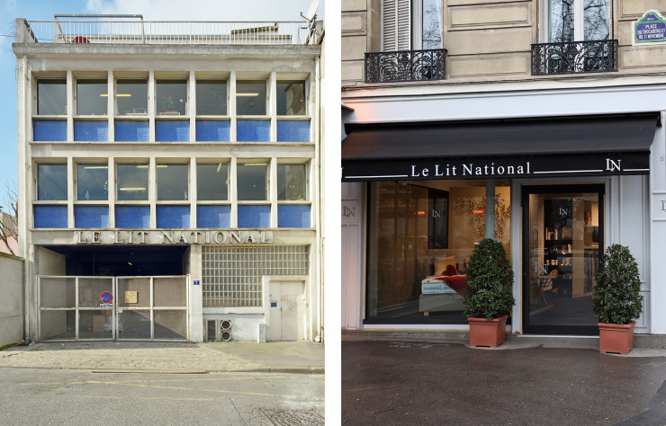 A gauche, la façade de l’entreprise ornée de mosaïque bleue, typique des années 60, au Pré-Saint-Gervais (93). A droite, la boutique historique de la maison, place du Trocadéro (Paris XVIe).