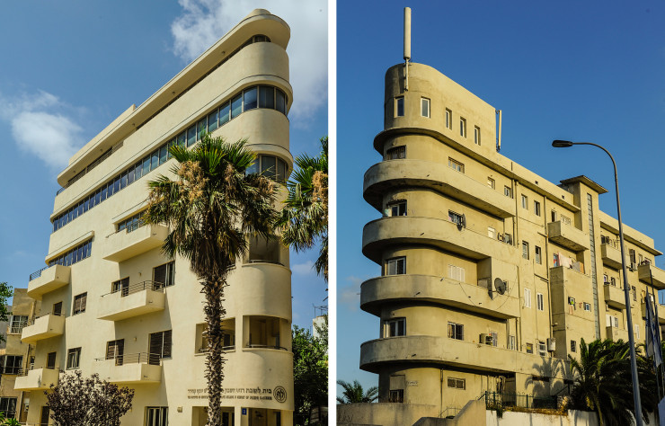 A gauche : Au 1, rue Montefiore (années 20). Un immeuble initialement dessiné par Yehuda Magidovitch, mais réalisé ensuite par Isaac Schwartz. Restauré en 2011 au prix d’extensions substantielles. A droite : Maison Shimon Levi, ou « Maison Paquebot » (1935), 56, rue Levanda. Architecte : Arieh Cohen.