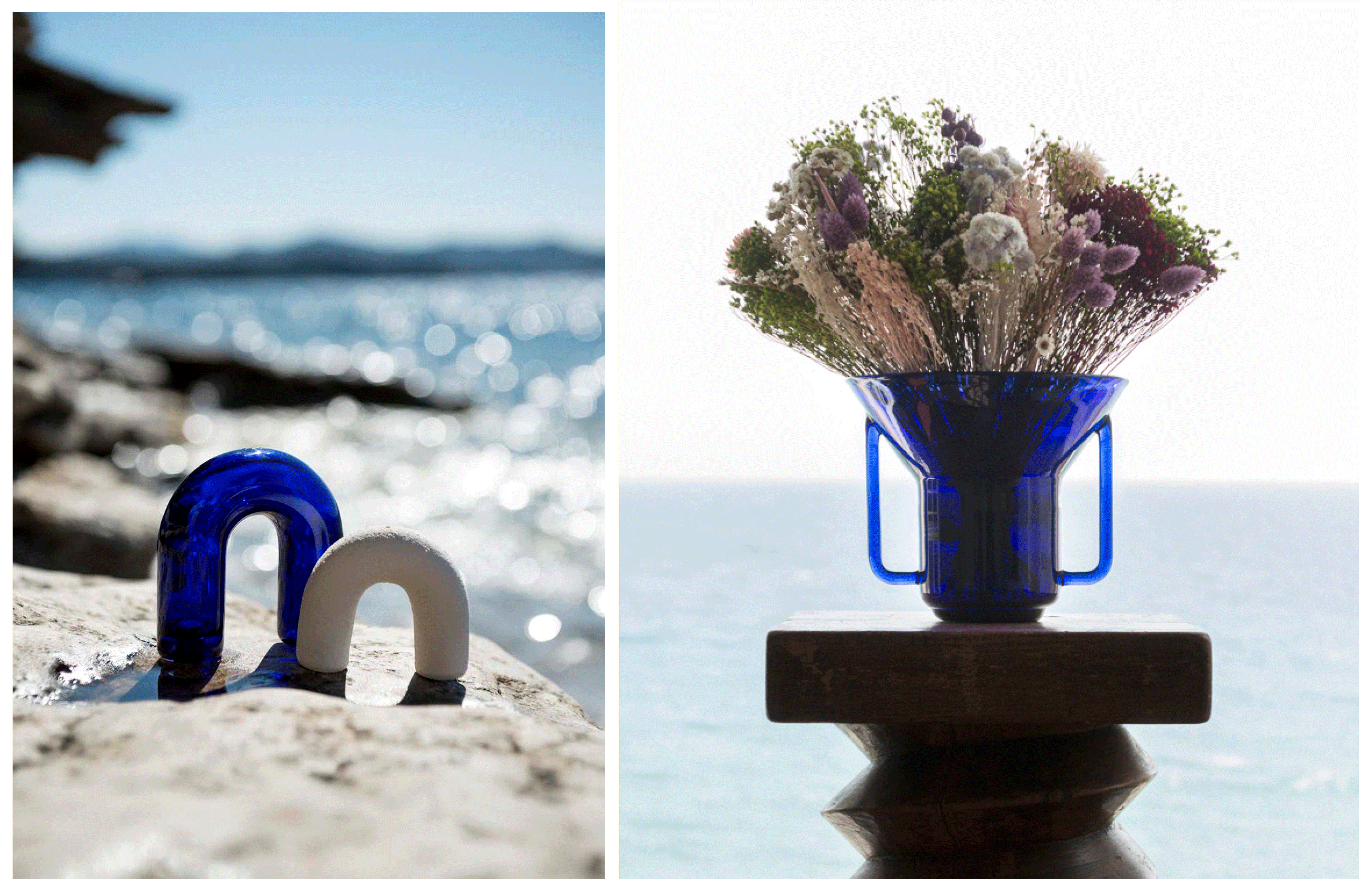 A droite, la salière et le poivrier Ormeaux s’inspirent des coquillages éponymes (2019). A droite, vase en verre bleu Bélu (2019). 
