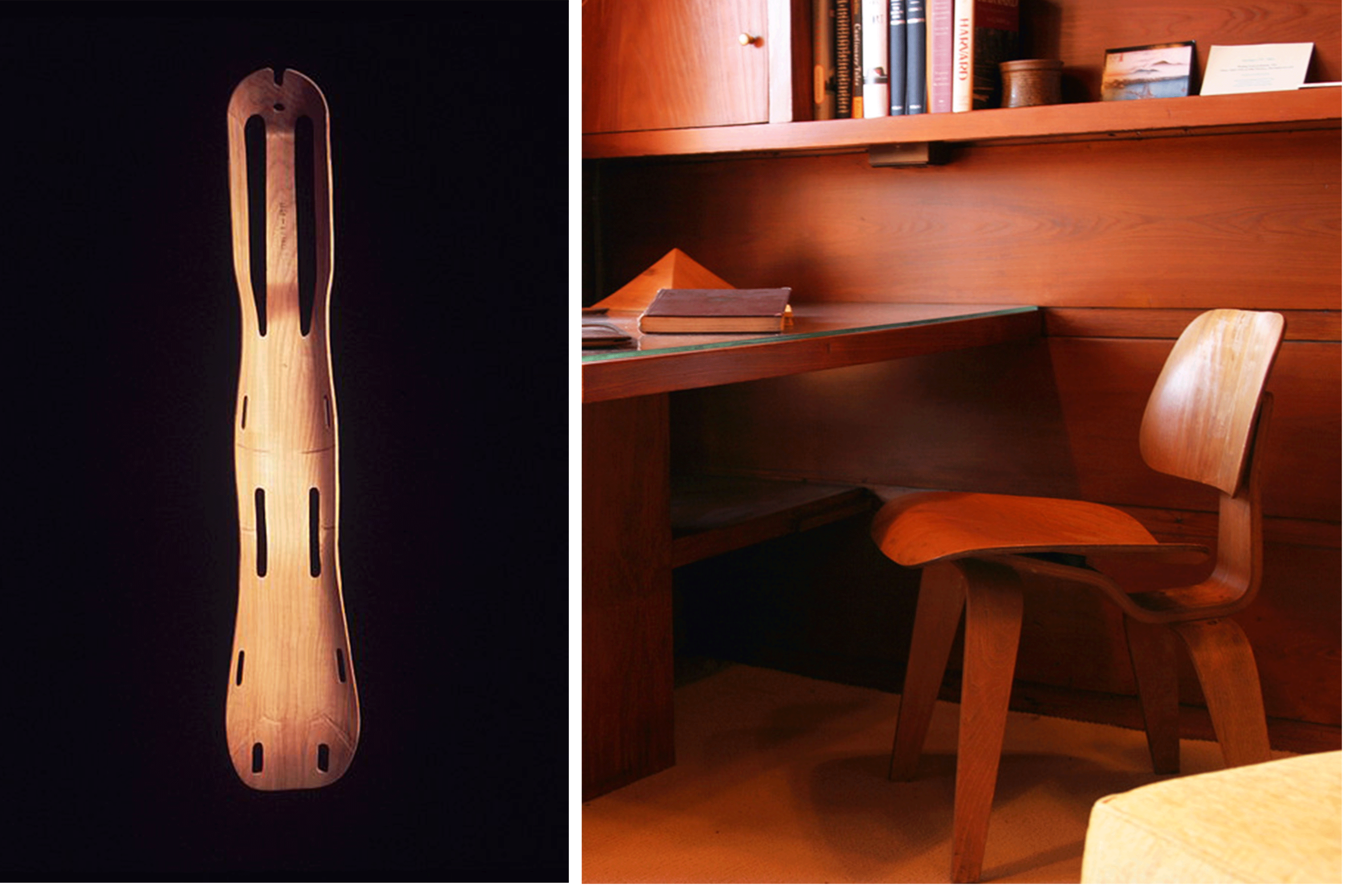 A gauche, l’attelle en bois développée par les Eames. A droite, la chaise DCW née juste après guerre (1946, Vitra).