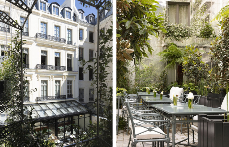 Nichée entre les deux bâtiments de l’hôtel, la terrasse promet un moment de détente et de fraîcheur grâce à sa belle végétalisation.