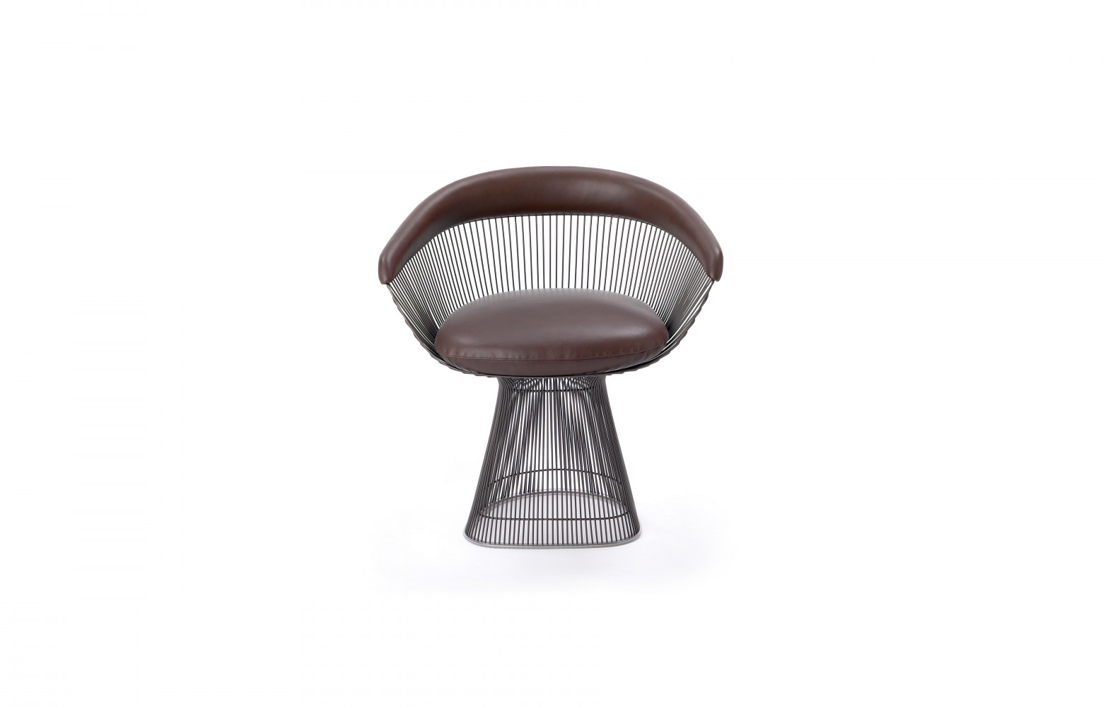 Fauteuil Platner, structure en métal, finition bronze métallisé, coussin et dossier tapissés de cuir, design Warren Platner...