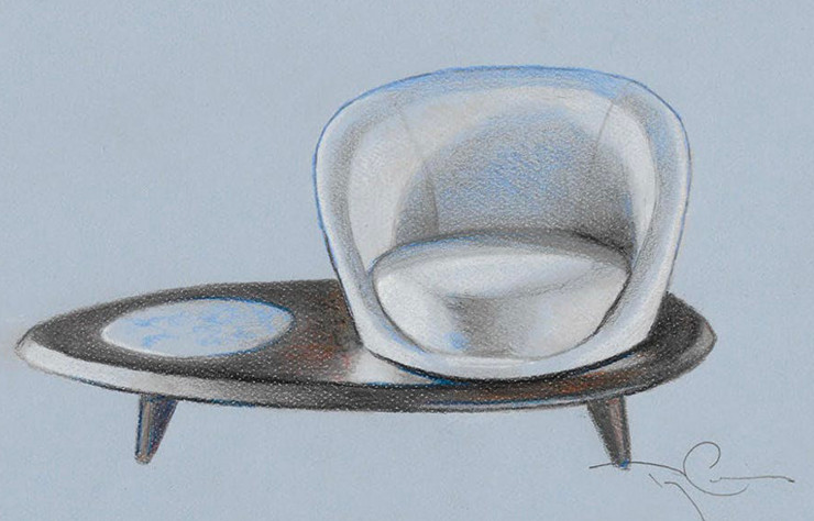 Un croquis de Terry Crews qui deviendra le fauteuil « Lilypad » (Bernhardt Design).