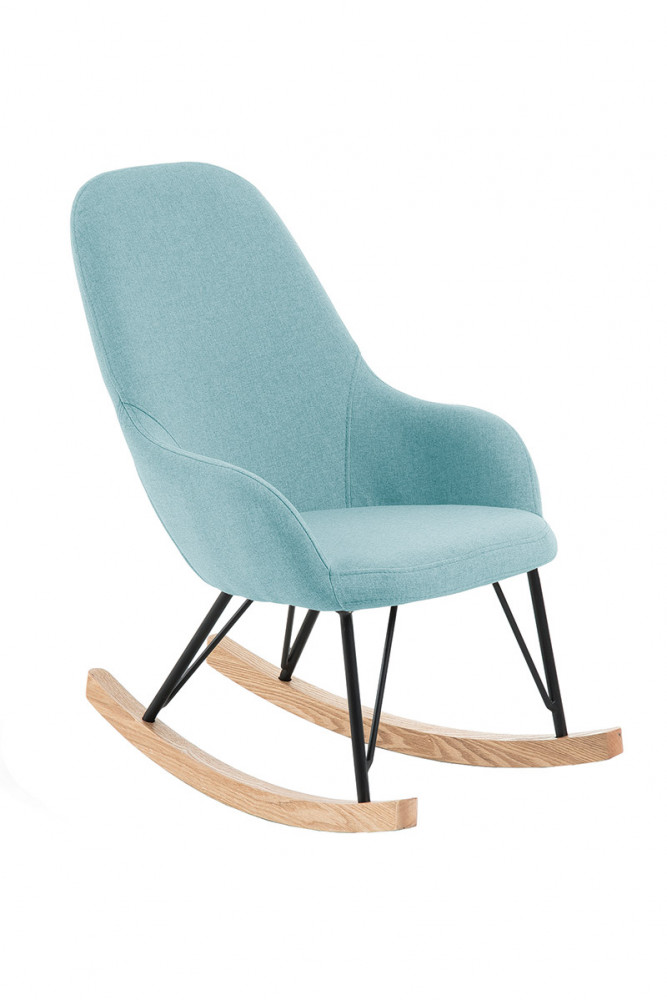 Chaise à bascule Joey en métal peint, bois massif et tissu turquoise, 149 €. Kave Home.