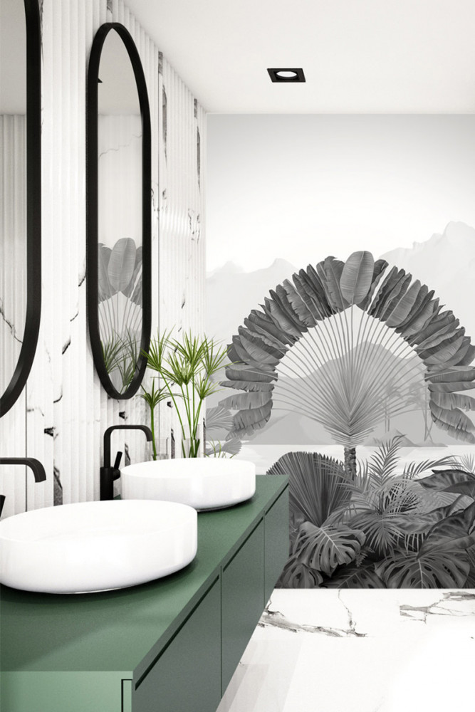  La salle de bains est tout indiquée pour donner envie de s’immerger dans la fresque Amazonia (PaperMint).
