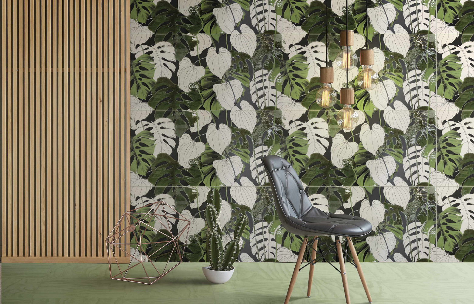 Carreau de porcelaine rectifié, collection « Tahiti », 4 décors, ici Filodendro, 60 x 120 cm (14oraitaliana).