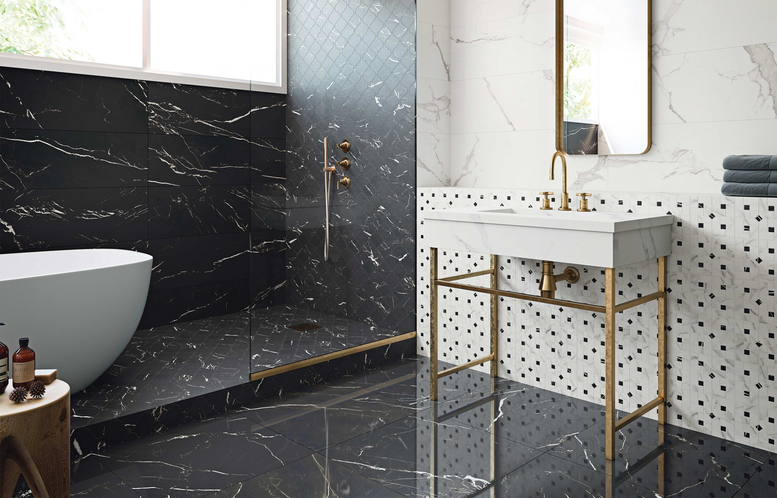  Dalles en grès cérame, collection ­« Marmorea », effet marbre, divers coloris et formats (Grespania).