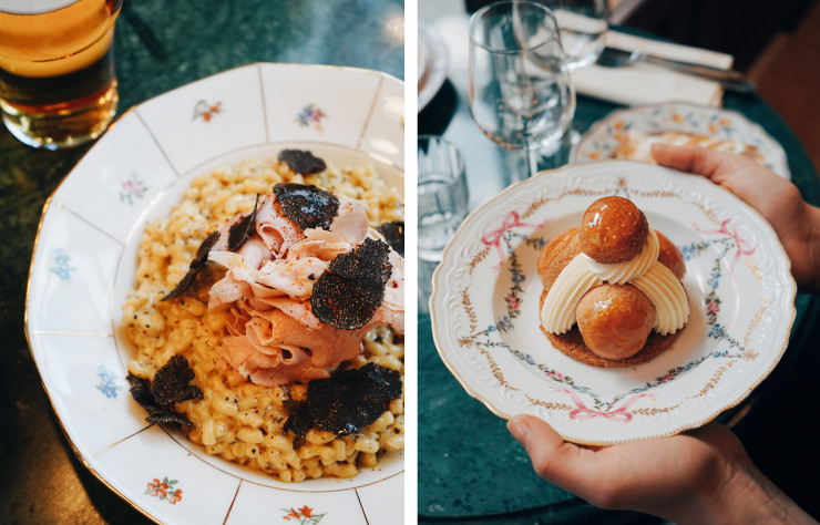 A gauche, les coquillettes à la truffe et au jambon (fait maison). A droite, Saint-Honoré, le dessert signature du chef pâtissier Yohan.