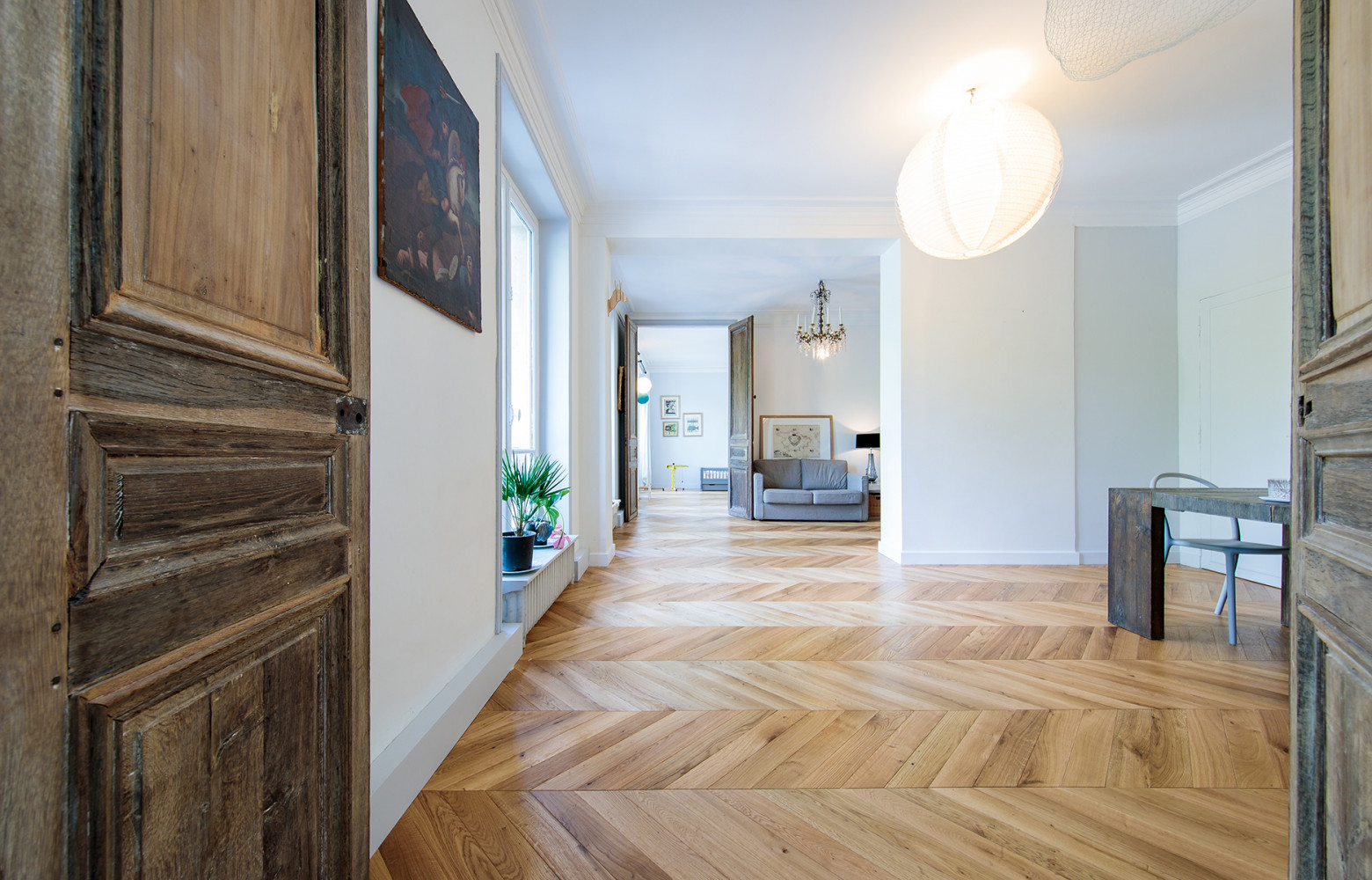 Parquet Vélian en chêne massif huilé, en point de Hongrie, architecte Pierre Gommier, collection « Couleurs du...