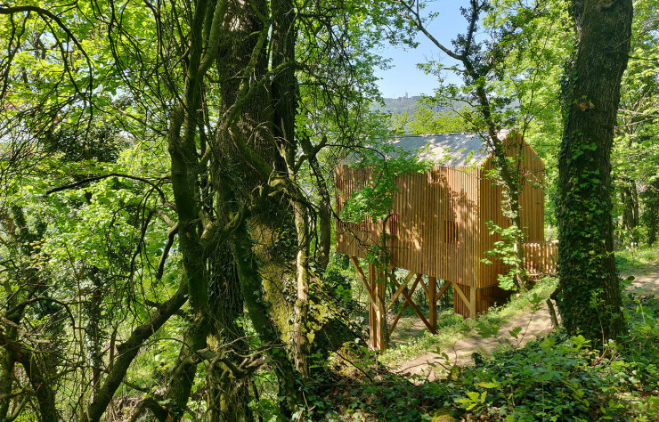 Cachées parmi les arbres centenaires, la cabane et sa terrasse profitent d’une vue idyllique sur la Saône.