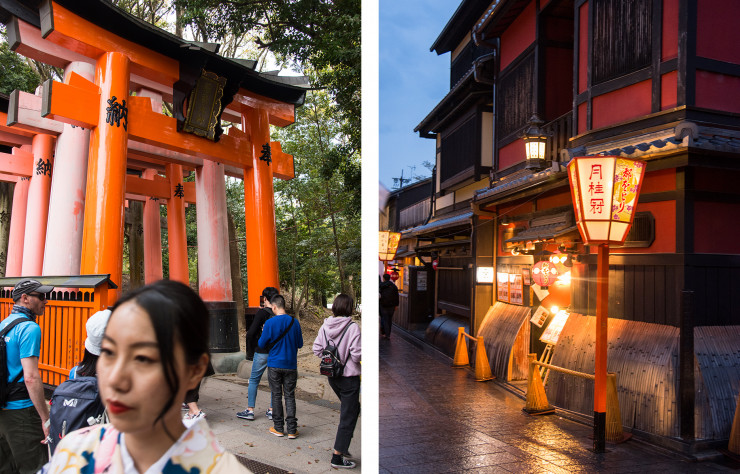 Incontournable : presque 1000 torii colorés forment l’entrée du sanctuaire Fushimi Inari-taisha. A droite : Il est rare que le quartier des geishas de Ponto-cho soit aussi désert.