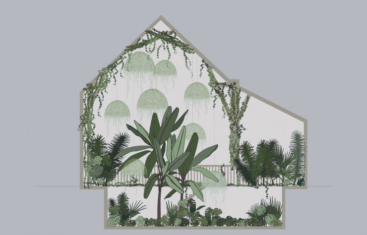 L’installation Rainforest de Patrick Nadeau propose une pluie de Tillandsias usneoides traversant sur toute sa hauteur un enchevêtrement des plantes tropicales.