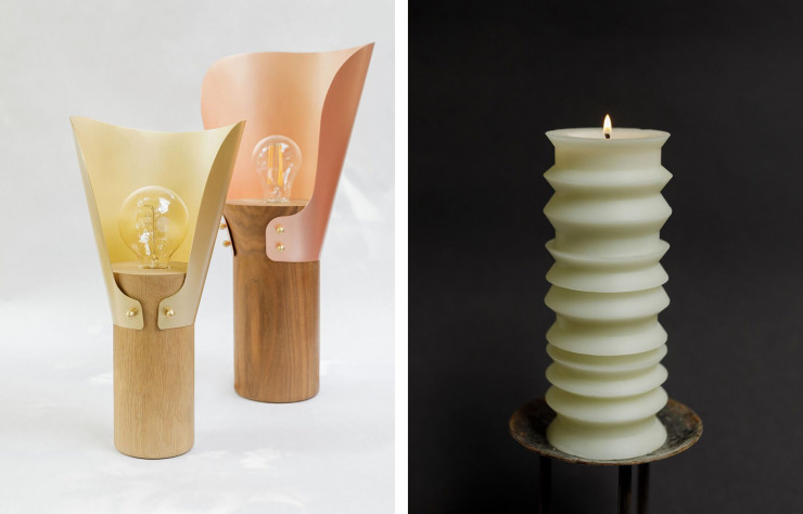 Lampe de table Ginko, disponible avec un abat-jour en cuivre ou laiton. Bougie Spin, réalisée grâce à un tour à bois.