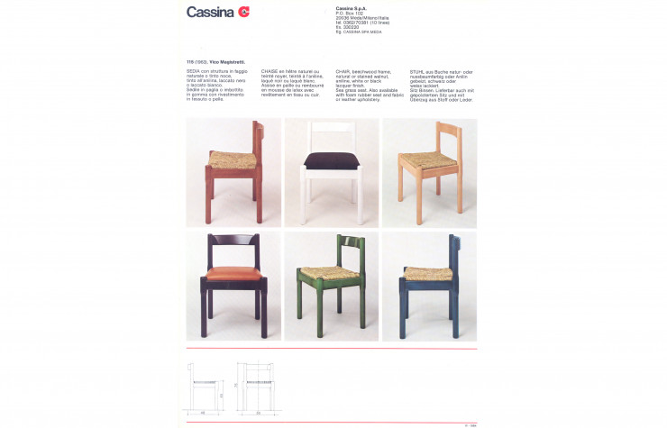 Présentation de la chaise 115 de Vico Magistretti dans le Catalogue Cassina (1963).