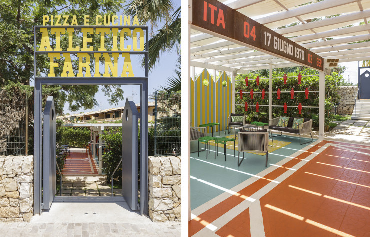 L’Atletico Farina est un restaurant situé à Marina di Ragusa, une station balnéaire très fréquentée de la Sicile orientale. Particulièrement coloré, il été imaginé sous patronage sportif.