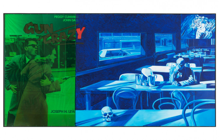 Jacques Monory, Couleur n° 1, 2002. Huile sur toile, affiche de cinéma « Gun Crazy » de J.H. Lewis et plexiglas, 160 x 300 cm. Photo Jacques Monory.