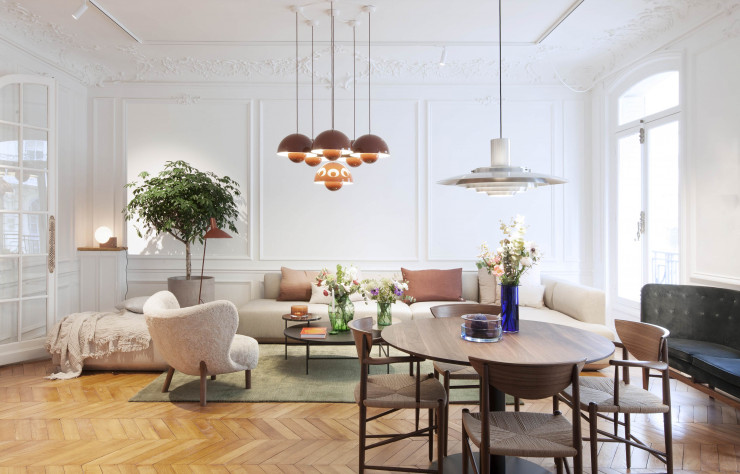 Quoi de tel qu’un cadre haussmannien pour démontrer que le mobilier danois s’adapte aux appartements parisiens ? Ici, chez &Tradition.
