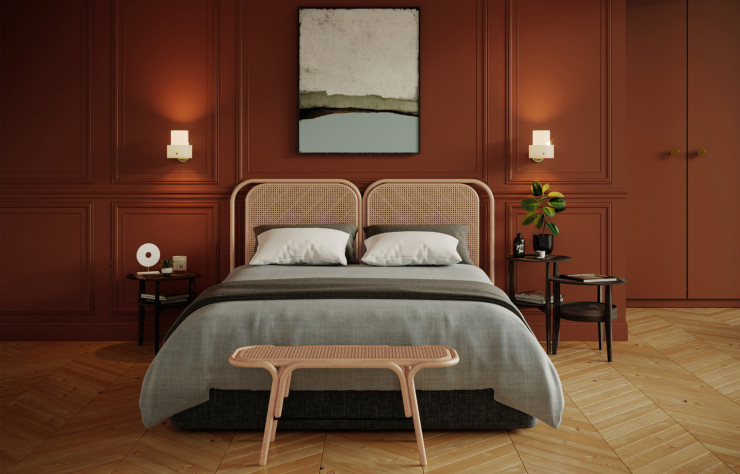 Tête de lit double Passage, design Emilie Ceriez, en canne pleine avec garniture de panneau en cannage ouvert. Largeur x hauteur : 186 x 115 cm, 1 050 €. Orchid Edition.