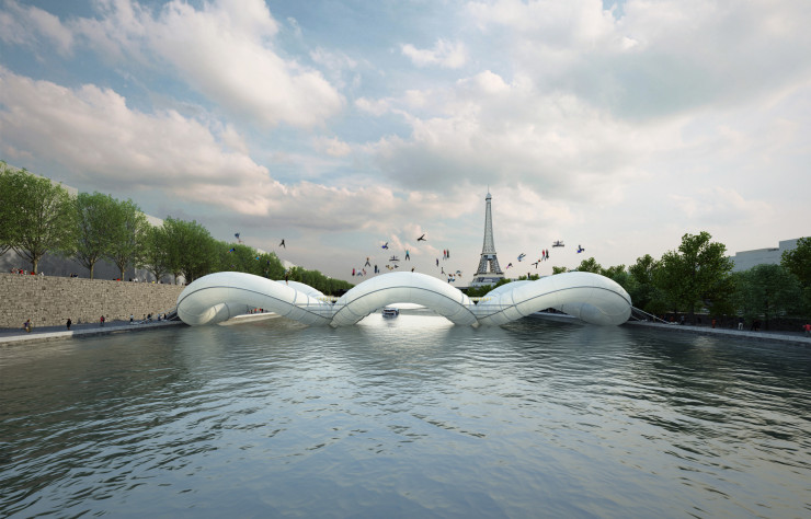 À Paris, sur la Seine, projet de pont gonflable Trampoline d’AZC architectes (2012).