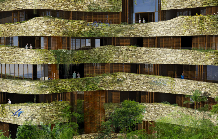 Des strates organiques en pierre végétalisée définissent les différents niveaux de la résidence.