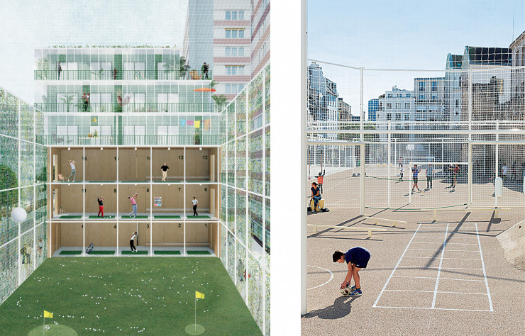 À gauche, étude présentée dans le cadre de l’appel à projets « Réinventer Paris » en 2015. Un ensemble combinant logements neufs, aménagements sportifs et paysagers, centre de golf et terrains de squash. À droite, le terrain d’éducation physique des jardins de Saint-Paul, à Paris.