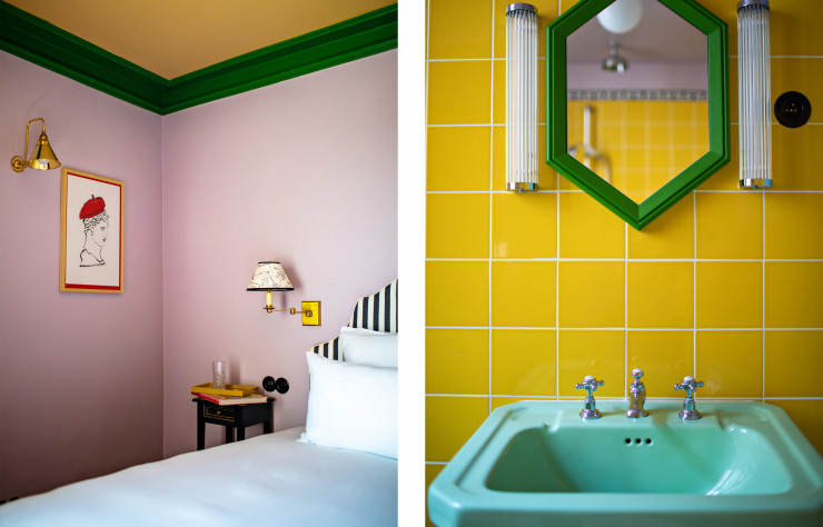 Les chambres suivent une même ligne directrice : une tête de lit raillée, des appliques murales de part et d’autre, une salle de bain carrelée… Pourtant, les variations chromatiques les rendent uniques. Dans certaines chambres, on compte jusqu’à sept couleurs !