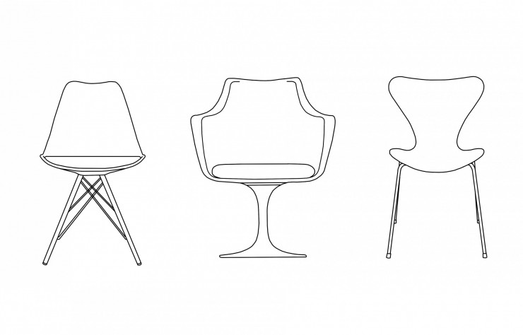 À gauche, la Plastic Chair de Charles et Ray Eames (1950, Vitra). Au centre, la Tulip Armchair de Eero Saarinen (1956, Knoll) et à droite, la Serie 7 d’Arne Jacobsen (1955, Fritz Hansen).
