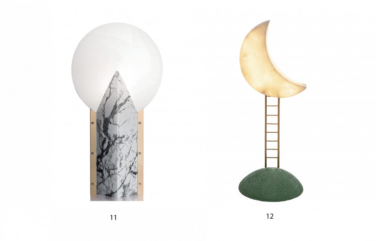 11/ Lampe de table Moon 25th Anniversary en aluminium et laiton brossé, 135 €. Slamp.12/ Lampe de table My Secret Place en résine et métal, design Marcantonio, 199 €. Seletti.