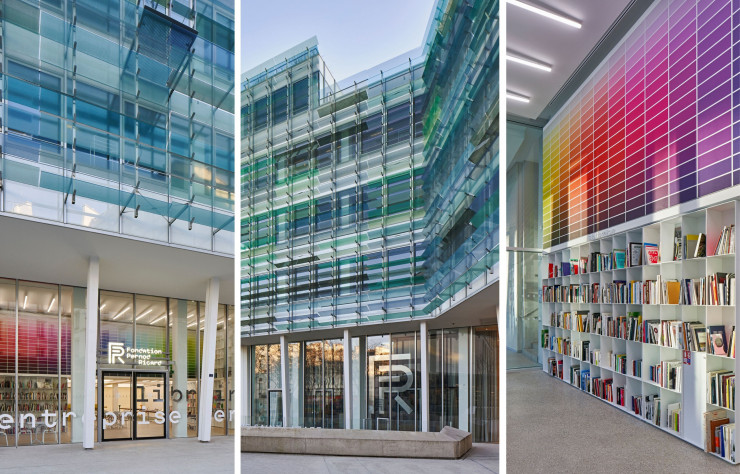 La Fondation Pernod Ricard s’est installée au Grand Central Saint-Lazare, bâtiment de bureaux conçu par le Ferrier Marchetti Studio, en 2019. À l’entrée, une grande fresque de Mathieu Mercier domine l’espace librairie-bibliothèque et le Café Mirette, conçus par l’agence NeM.