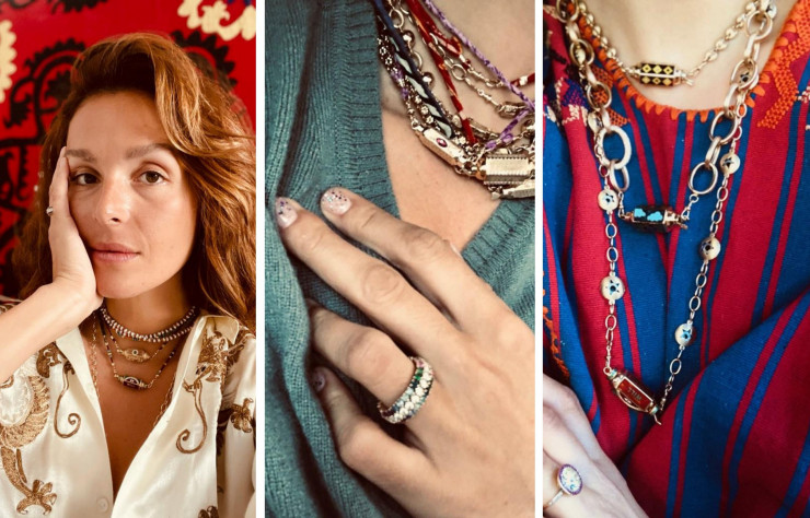 De gauche à droite : Portrait de Marie Lichtenberg, ensemble de colliers. Chaque locket est vendu sur un lien long pouvant se porter en double tour.