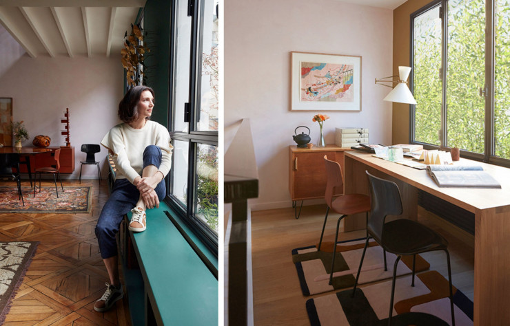 À gauche : Solène Eloy, fondatrice et directrice artistique de L’Atelier du mur, vit à Montmartre, dans les murs de l’ancien cabaret Le Chat noir. À droite : Le bureau en bois (Le Cèdre Rouge) est éclairé par une applique des années 70. Au-dessus de la commode scandinave datant des années 60, papier japonais Sogara Yuzen, acheté à Kyoto. Au sol, triptyque de tapis tuftés en laine et bambou Élément d’Elsa Poux (collab’ Mapoésie & Pinton).