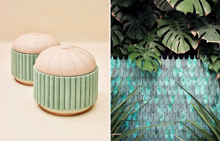 A gauche : « Charlotte Pouf » (Attico Design). A droite : Tuiles de céramique « Balsamini Botteganove Serra ».
